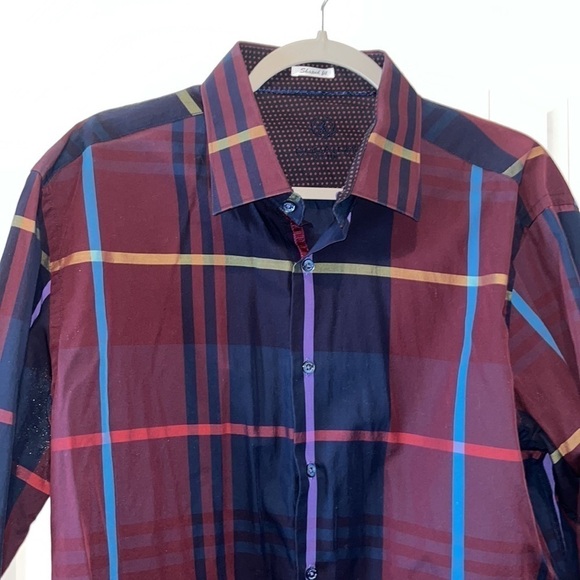 Beautiful windowpane plaid cotton shaped fit button down men shirt bugatchi  XL - Picture 3 of 9